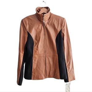 NWT Guillaume Genuine Leather Jacket Zipper Front Brown and Black Small
